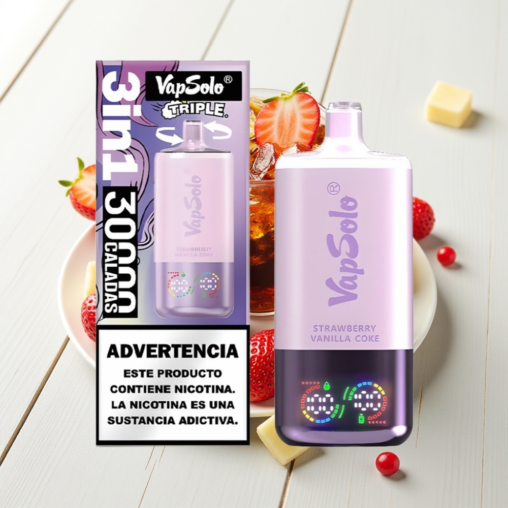 VapSolo Triple 30000 Puffs 40ml Morango Baunilha Coca-Cola Tipo-C 3 Tanques