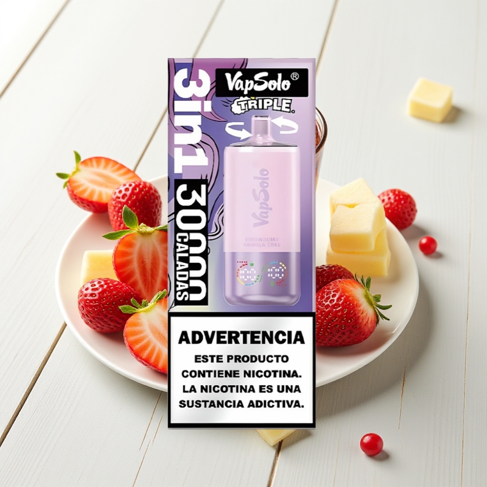 VapSolo Triple 30000 Puffs 40ml Morango Baunilha Coca-Cola Tipo-C 3 Tanques