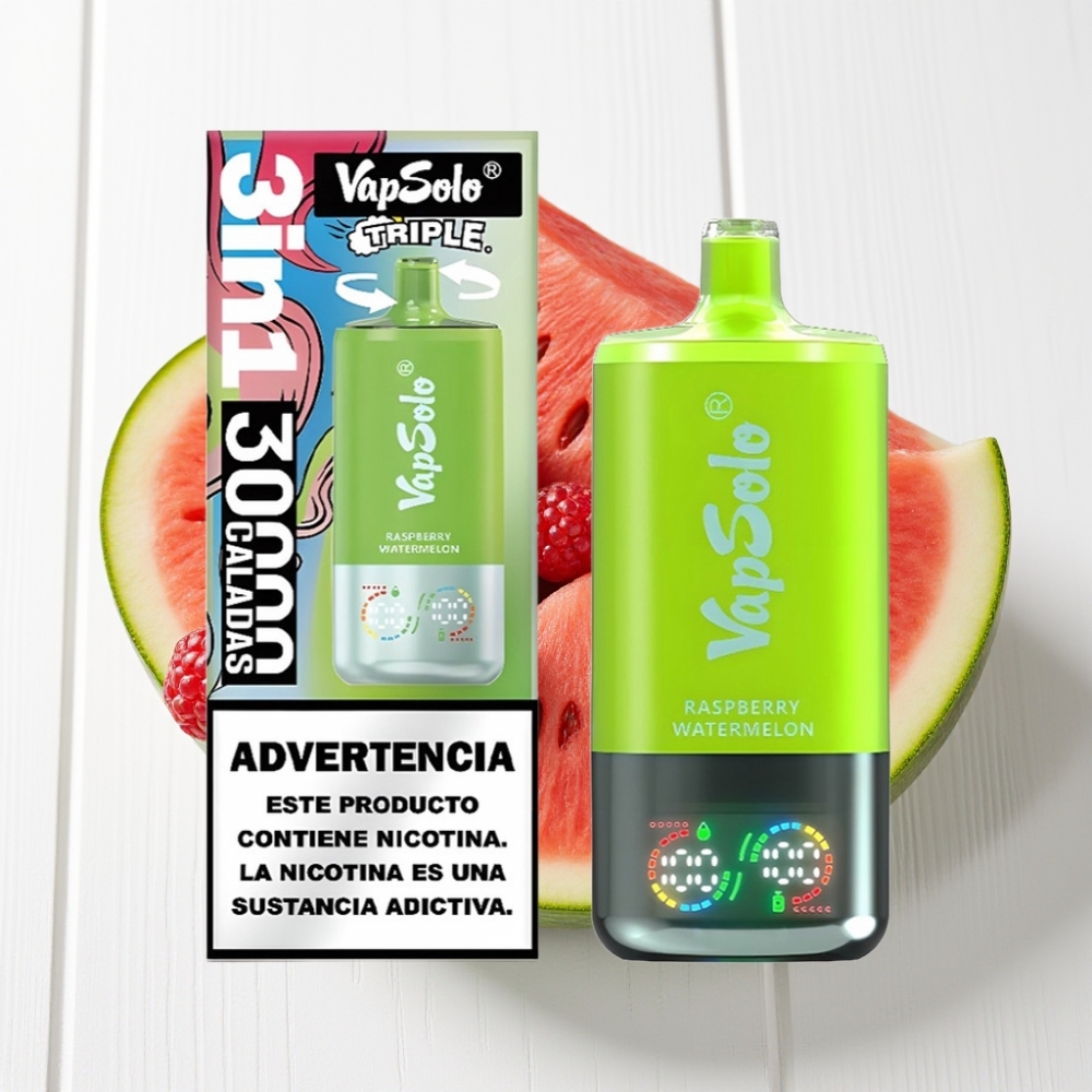 VapSolo Triple 30000 Puffs Disposável Sabor Framboesa Melancia, 40ml, Tipo-C