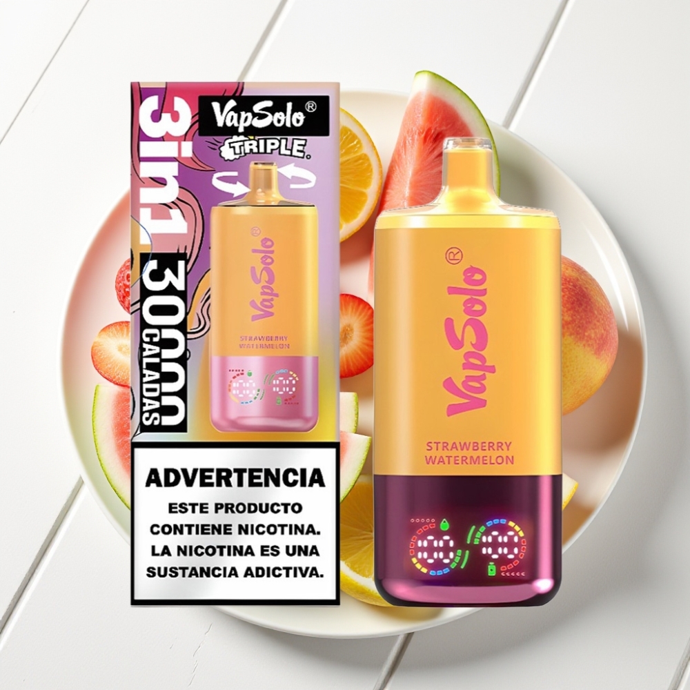 VapSolo Triple 30000 Puffs Disposable - Morango Melancia & Pêssego Limão, 40ml, Type-C