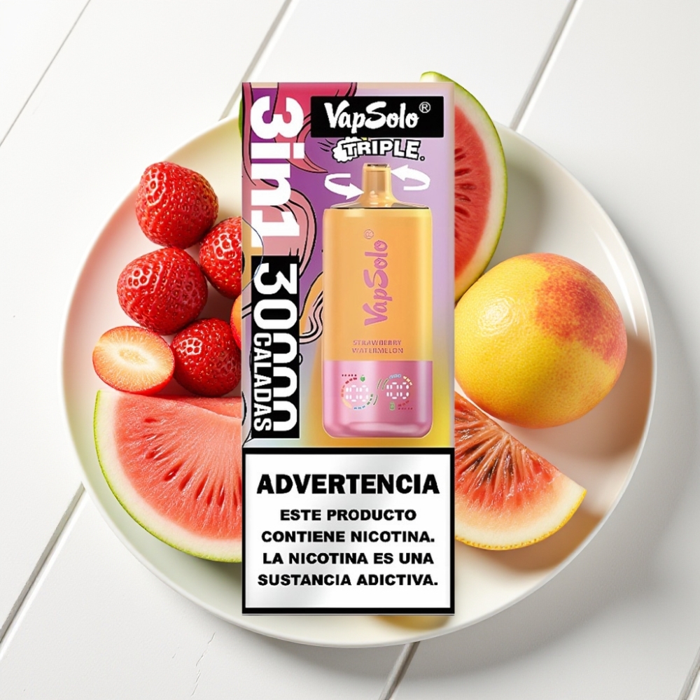 VapSolo Triple 30000 Puffs Disposable - Morango Melancia & Pêssego Limão, 40ml, Type-C