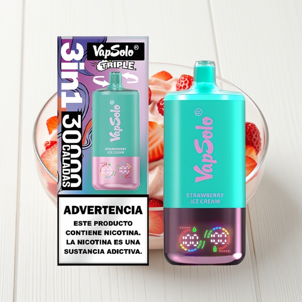 VapSolo Triple 30000 Puffs Disposable Sorvete de Morango – 40ml, Tipo-C, 20/50 mg/ml