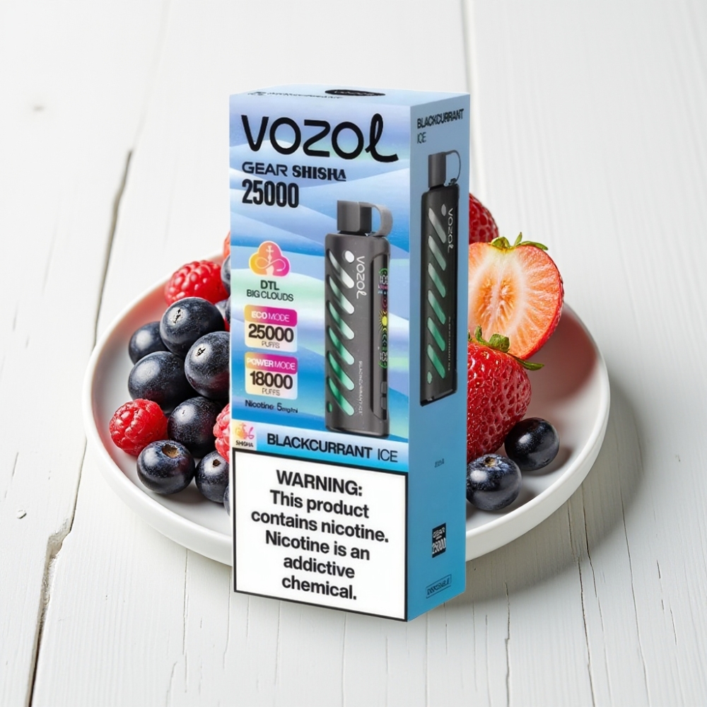 VOZOL Gear Shisha 25000 Puffs Preto Groselha Gelo com S.i.L.C Tech e 1000mAh