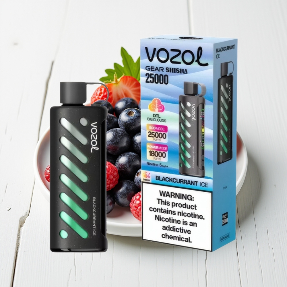 VOZOL Gear Shisha 25000 Puffs Preto Groselha Gelo com S.i.L.C Tech e 1000mAh